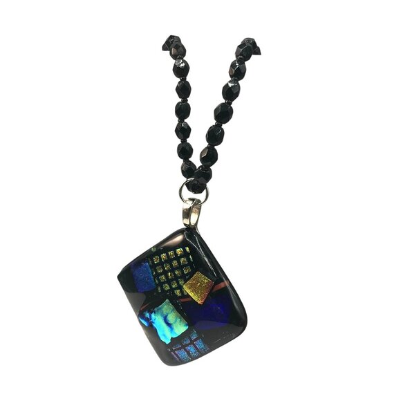 Dichroic Art Glass Modernist Pendant on Black Glass Beaded Chain, Beautiful Vint - Picture 2 of 8